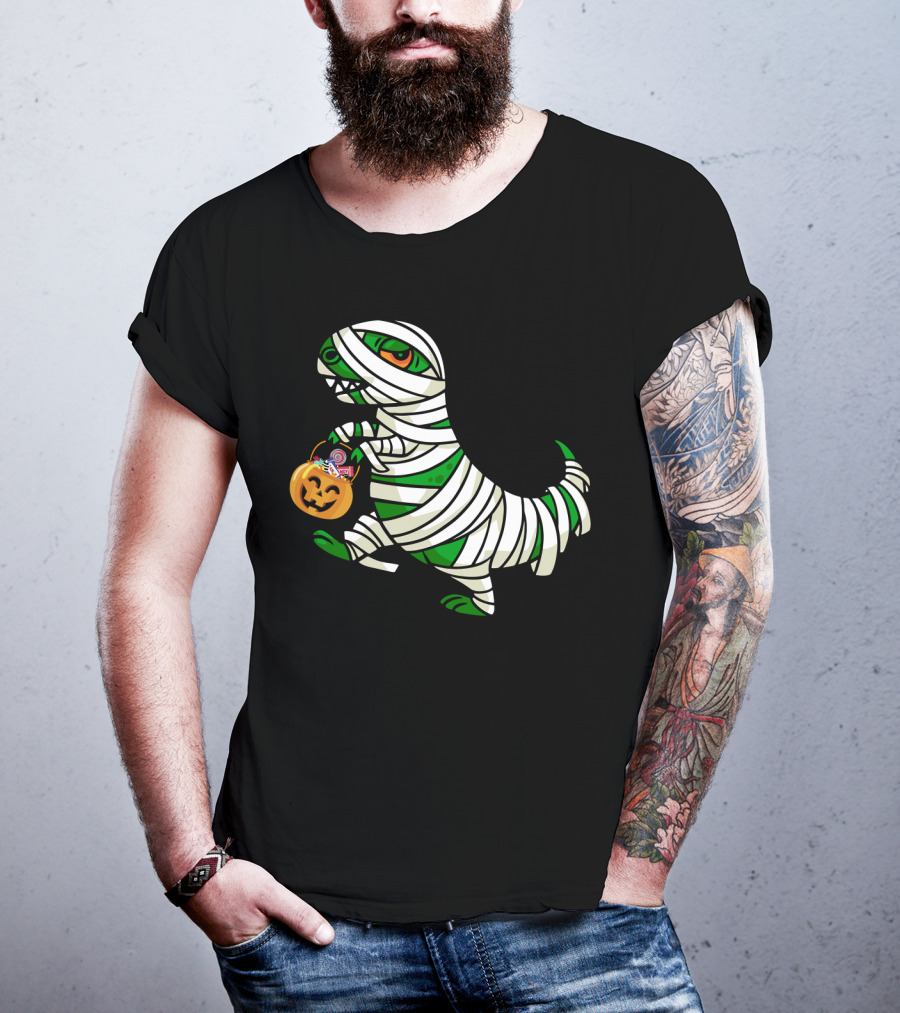 Mummy Dinosaur With Halloween Pumpkin And Candy Basket T-Shirt