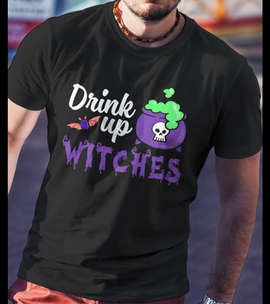 Drink Up Witches Purple Cauldron With Skull And Bat Elements T-Shirt