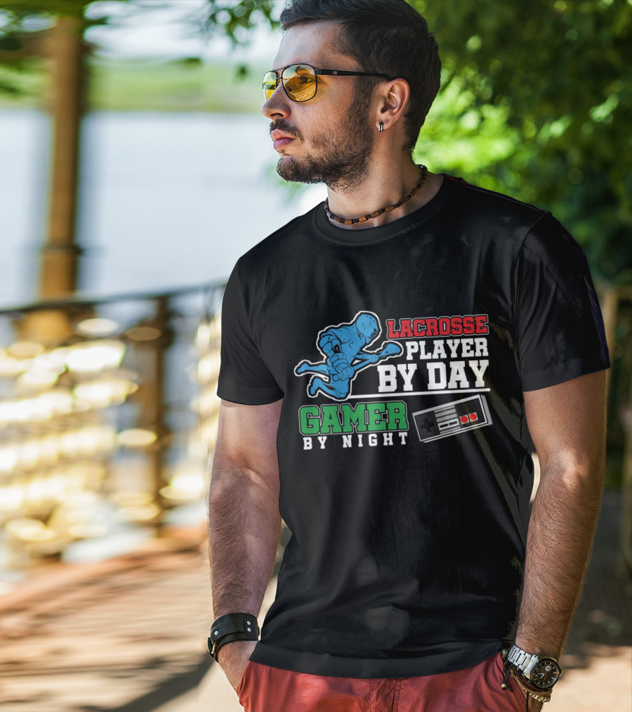 Lacrosse Player By Day Gamer By Night Retro Controller T-Shirt