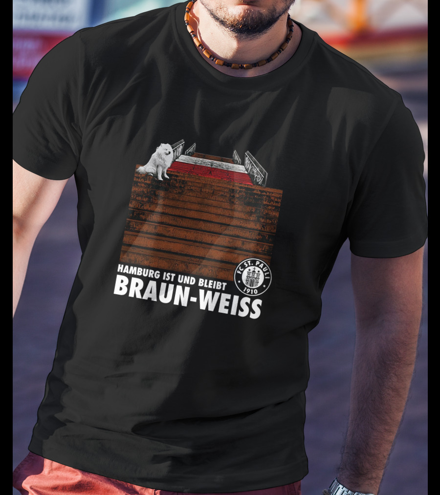 FC St. Pauli Hamburg Ist Und Bleibt Braun-Weiss 1910 Crest Stairs White Dog T-Shirt