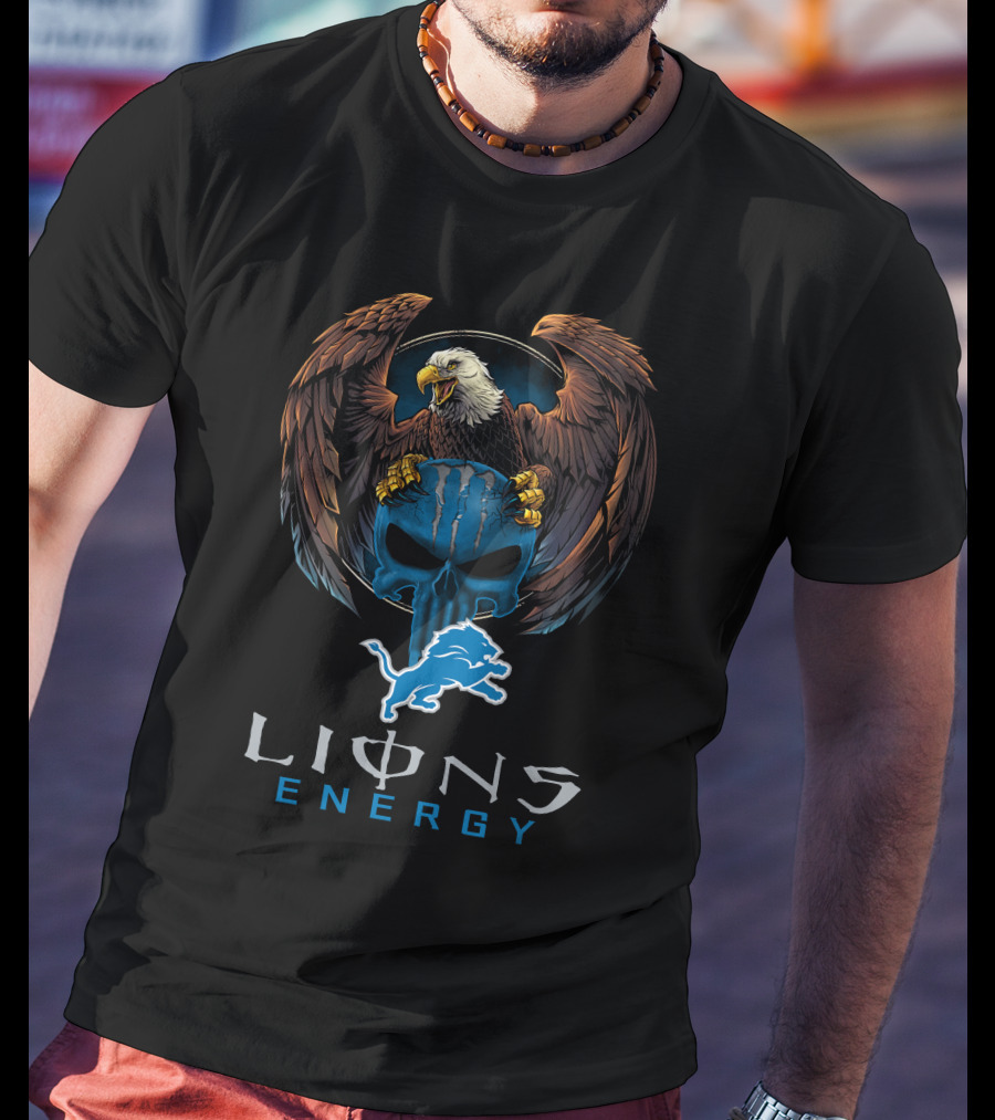 Lions Energy Detroit Logo Bald Eagle Skull T-Shirt