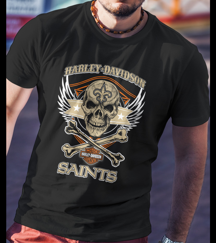 Harley Davidson New Orleans Saints Skull Fleur-De-Lis Wings T-Shirt