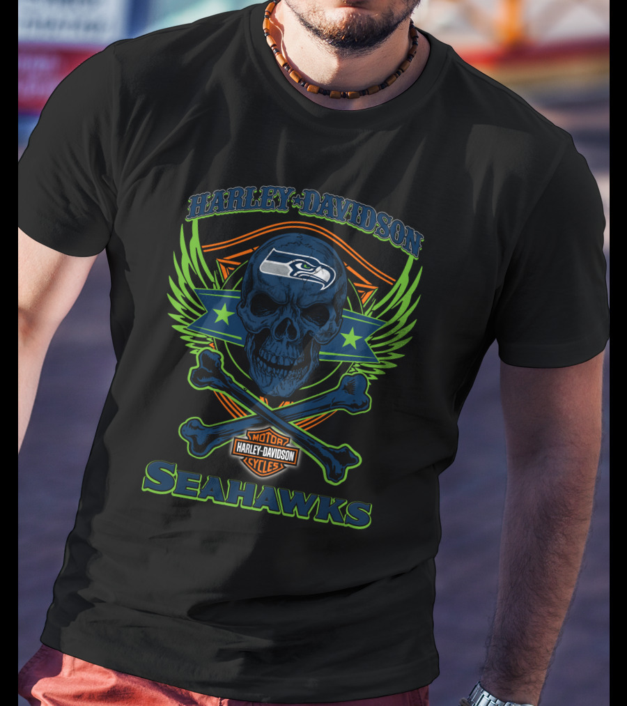 Harley Davidson Seattle Seahawks Skull And Crossbones T-Shirt