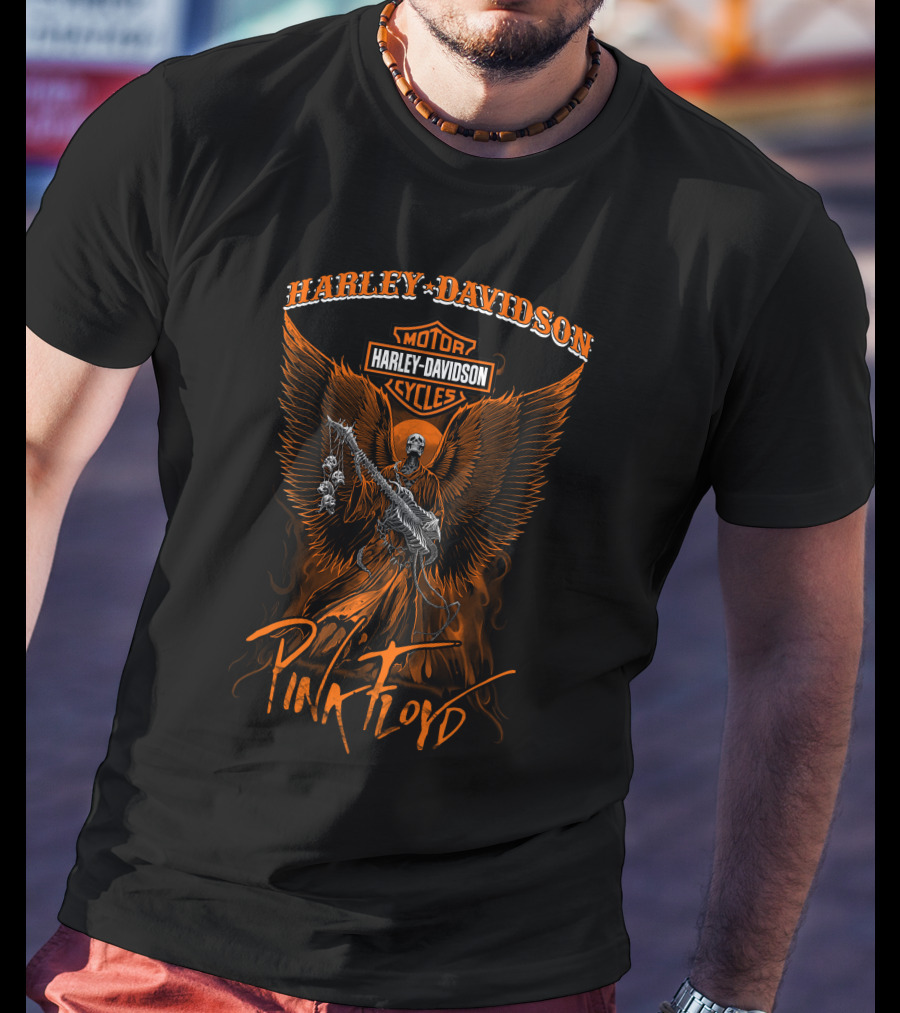 Harley Davidson Motor Cycles Pink Floyd Angel Wings Orange T-Shirt