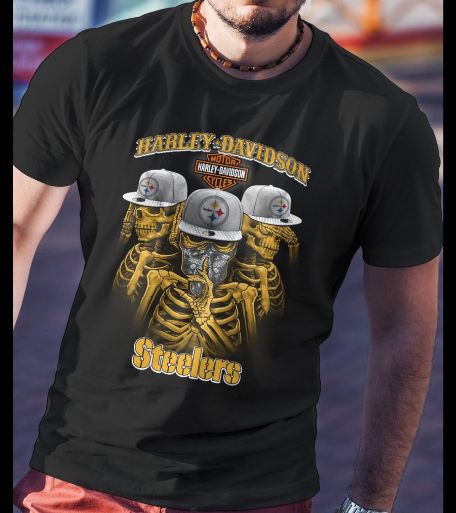 Harley Davidson Motor Cycles Steelers Skull Trio T-Shirt