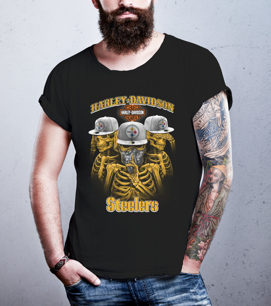 Harley Davidson Motor Cycles Steelers Skull Trio T-Shirt