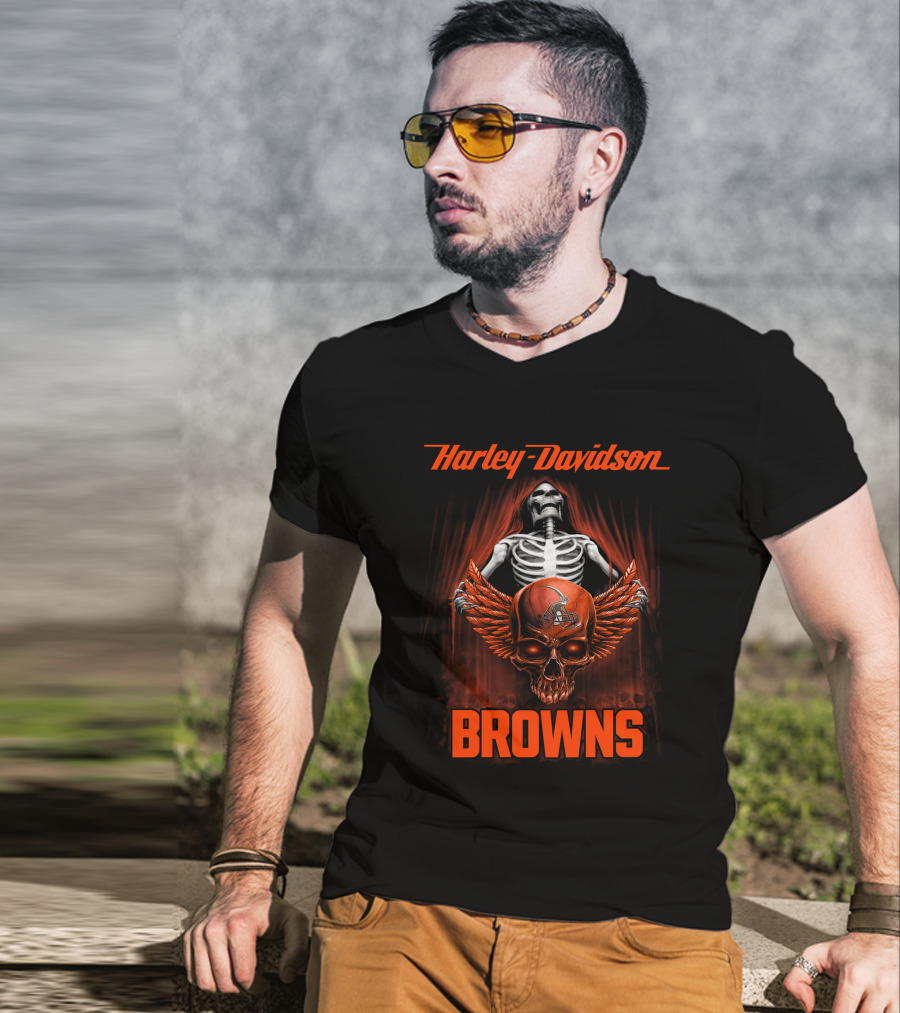 Harley Davidson Cleveland Browns Skull Wings T-Shirt