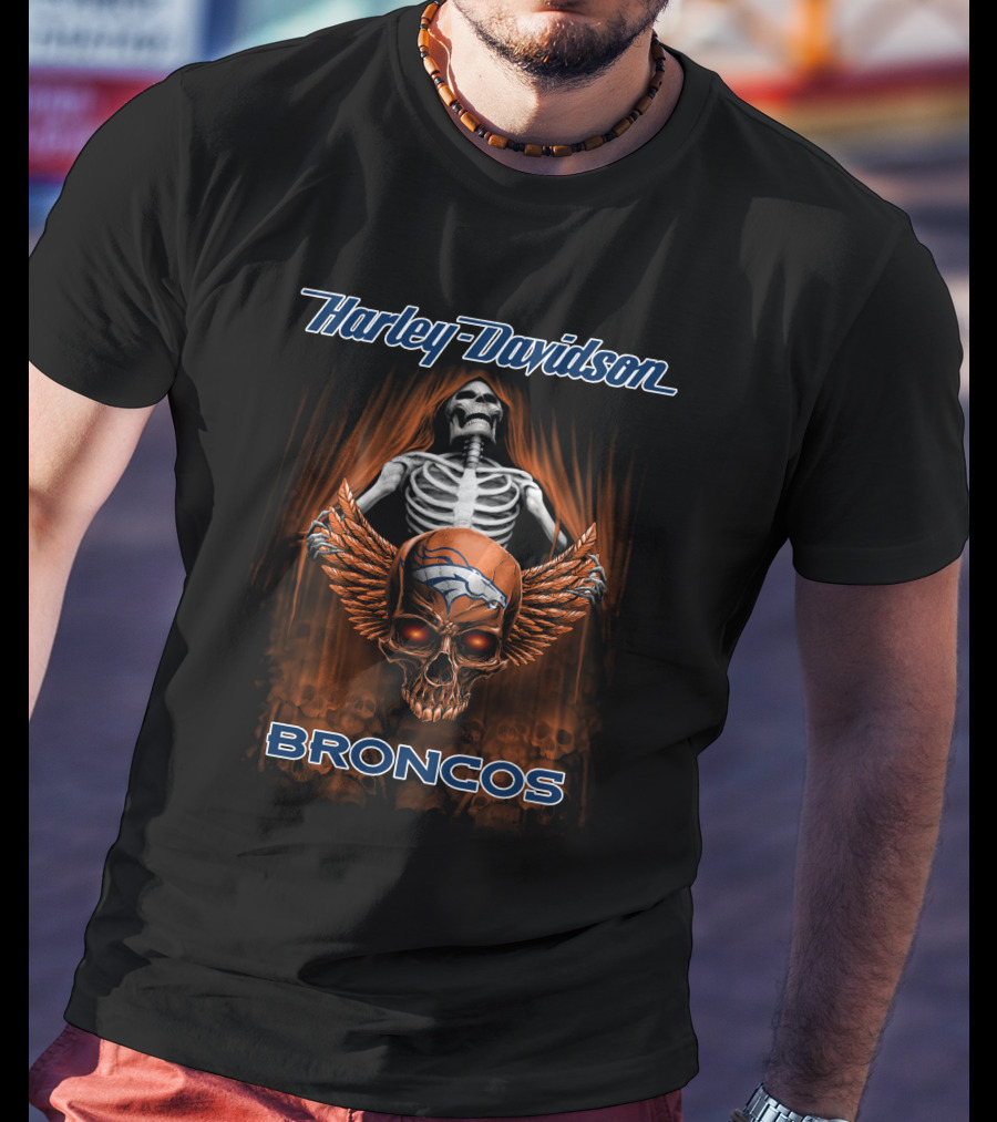Harley Davidson Broncos Skull Skeleton Denver T-Shirt