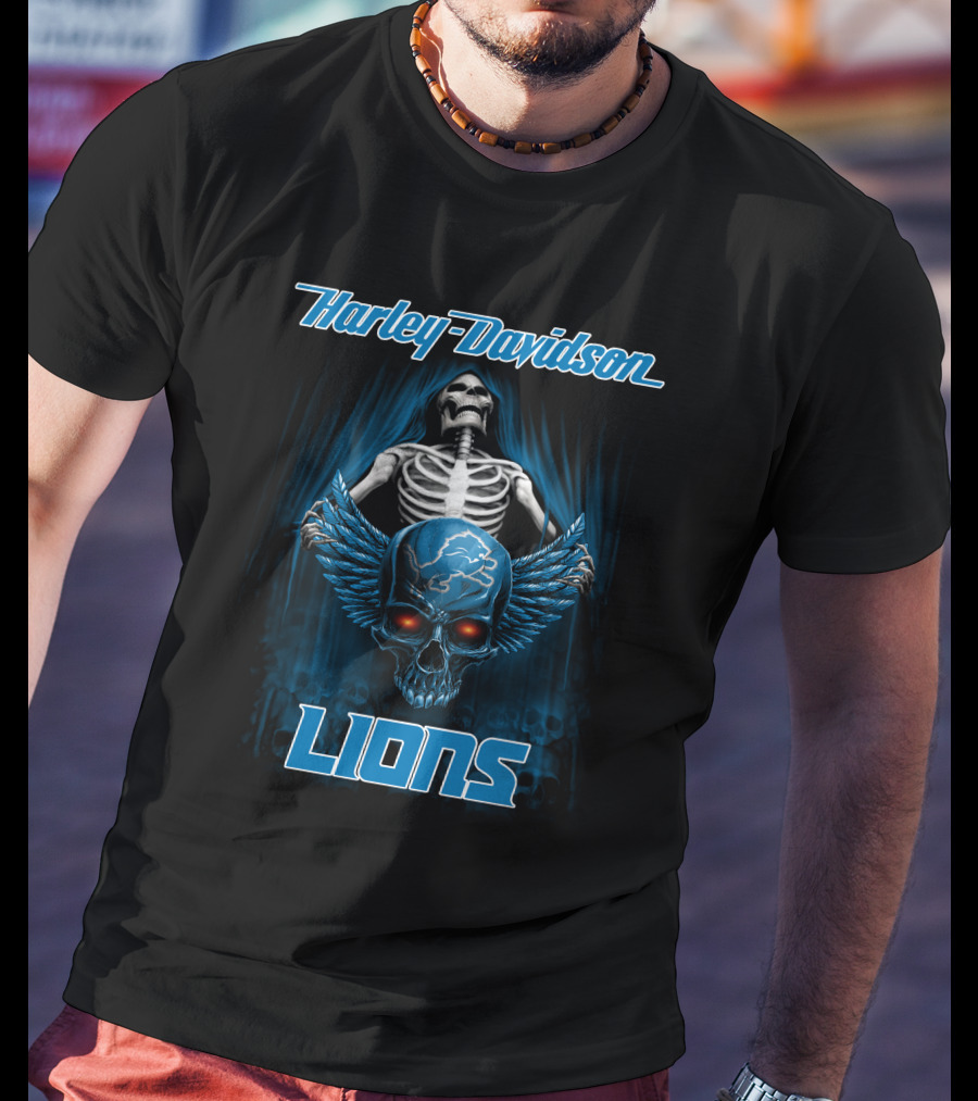Harley Davidson Lions Skeleton And Winged Skull Detroit T-Shirt