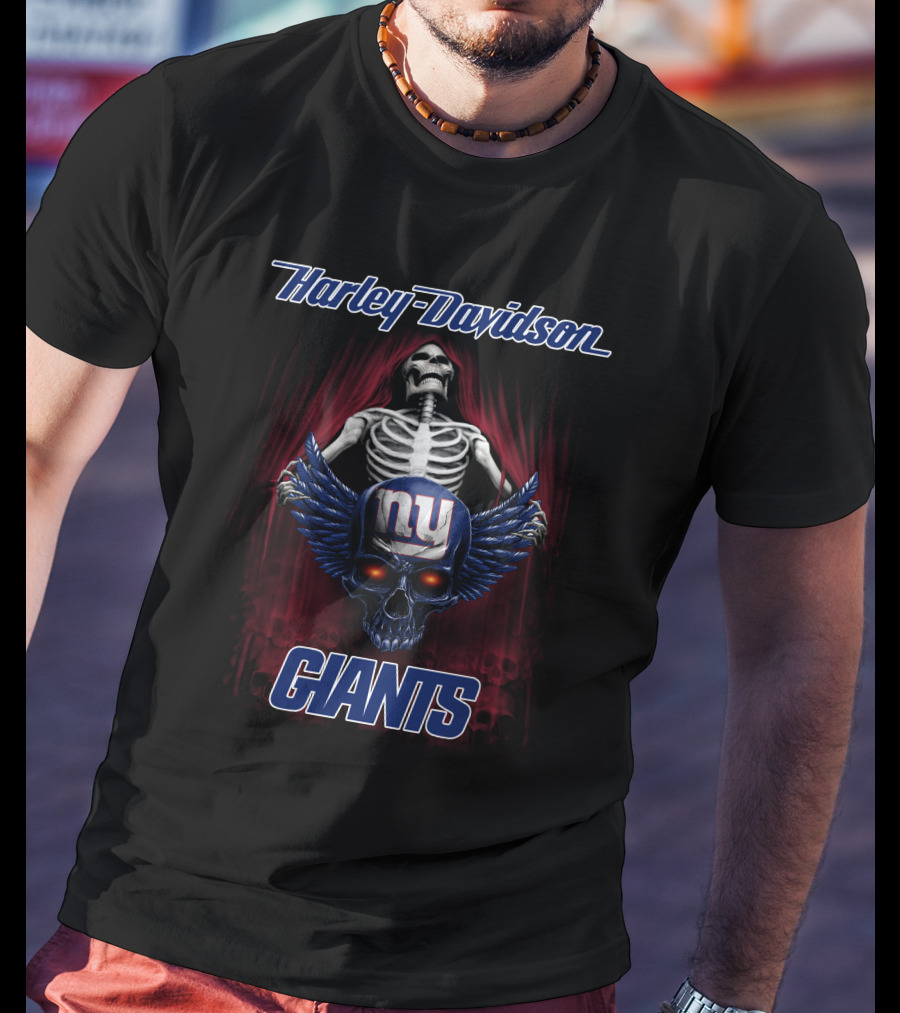 Harley Davidson New York Giants Skeleton Skull Wings T-Shirt