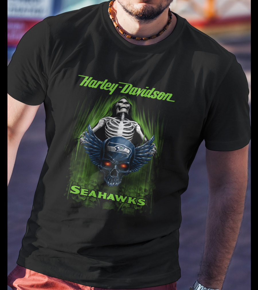 Harley Davidson Seattle Seahawks Skeleton Skull T-Shirt