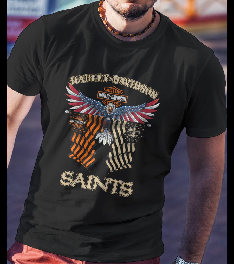Harley Davidson Saints New Orleans Motorcycle Flag Eagle Fleur-De-Lis T-Shirt