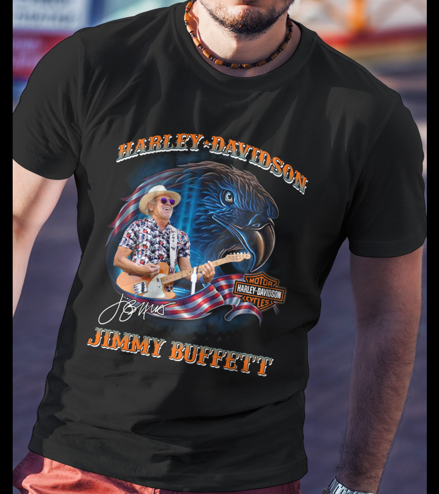 Harley Davidson Jimmy Buffett American Flag Eagle Guitar T-Shirt