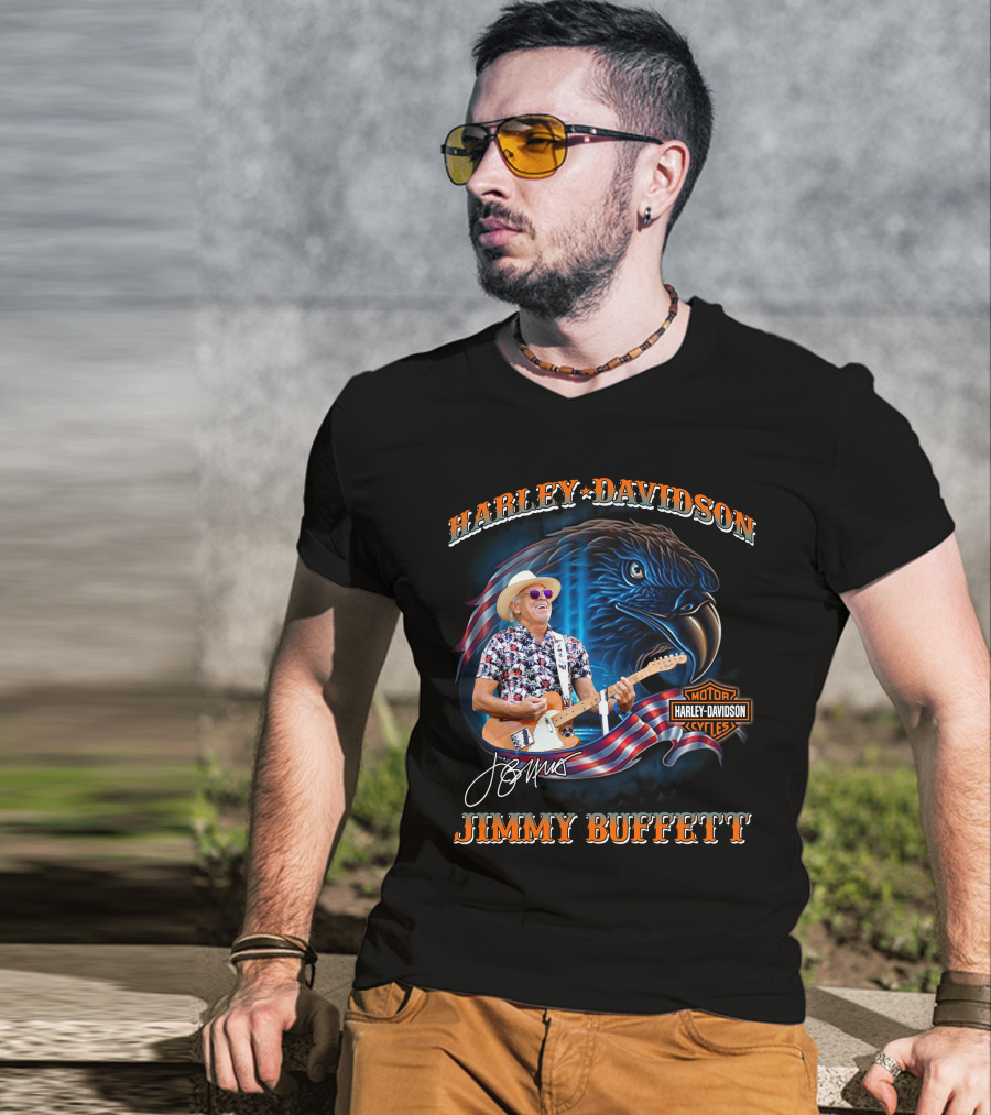 Harley Davidson Jimmy Buffett American Flag Eagle Guitar T-Shirt