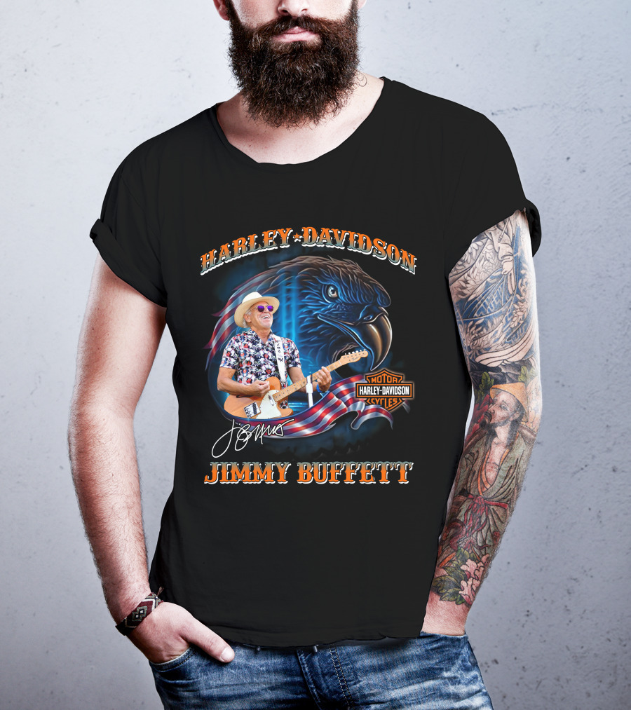 Harley Davidson Jimmy Buffett American Flag Eagle Guitar T-Shirt