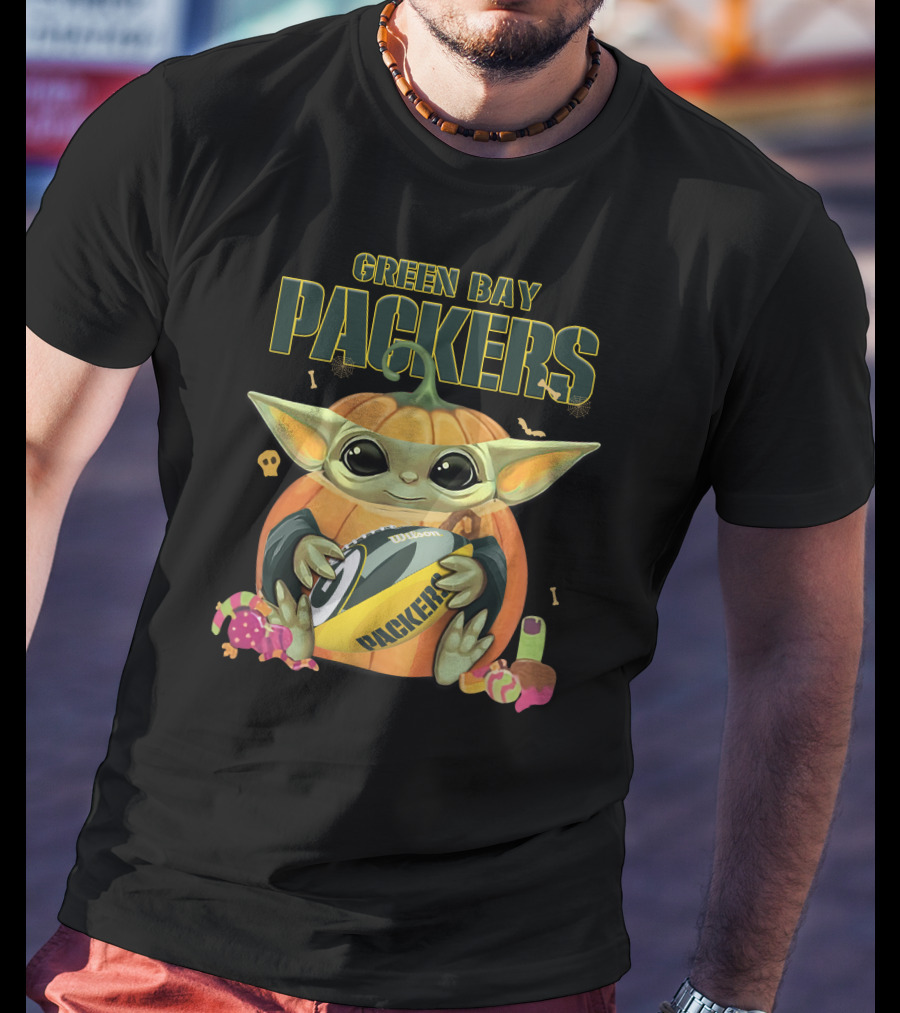 Green Bay Packers Halloween Baby Yoda Football T-Shirt