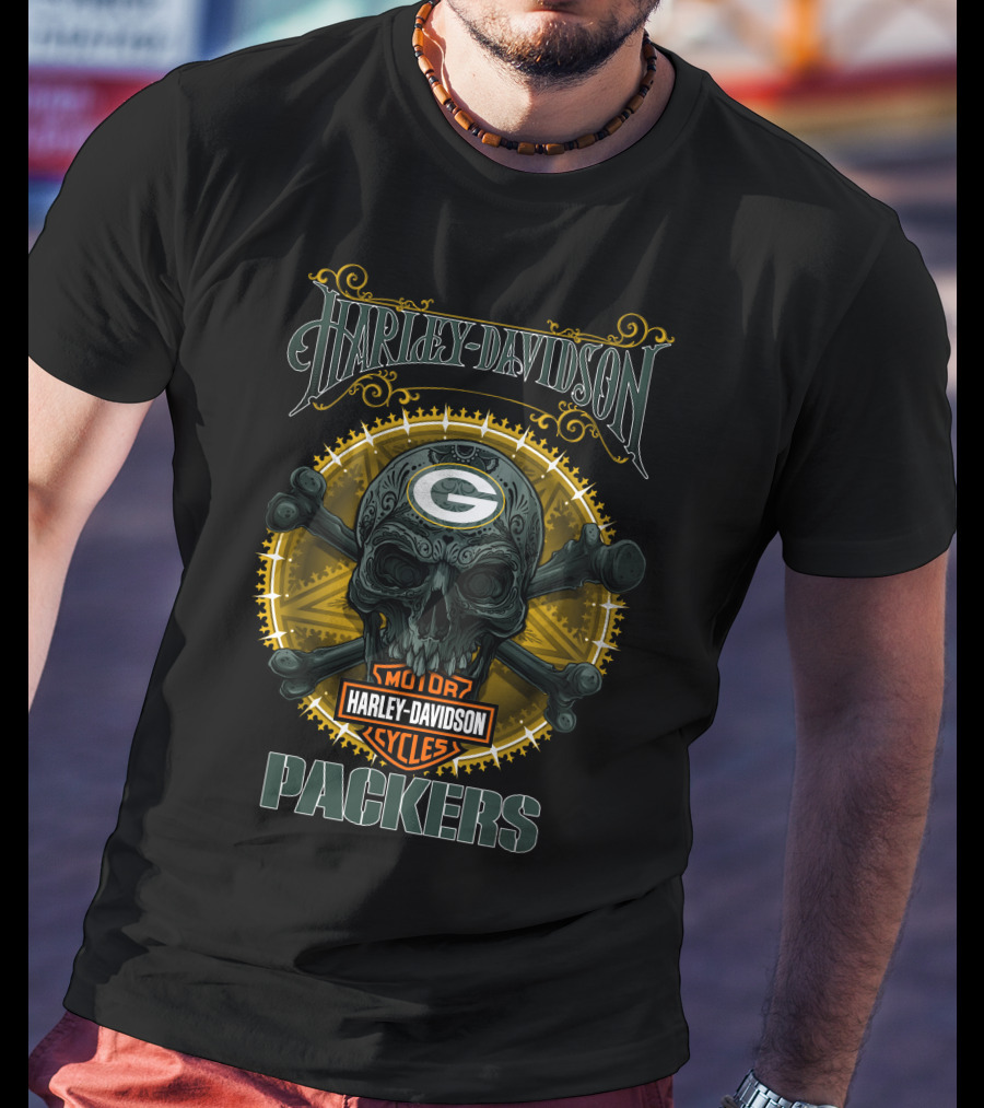 Harley Davidson Green Bay Packers Motor Cycles Skull T-Shirt