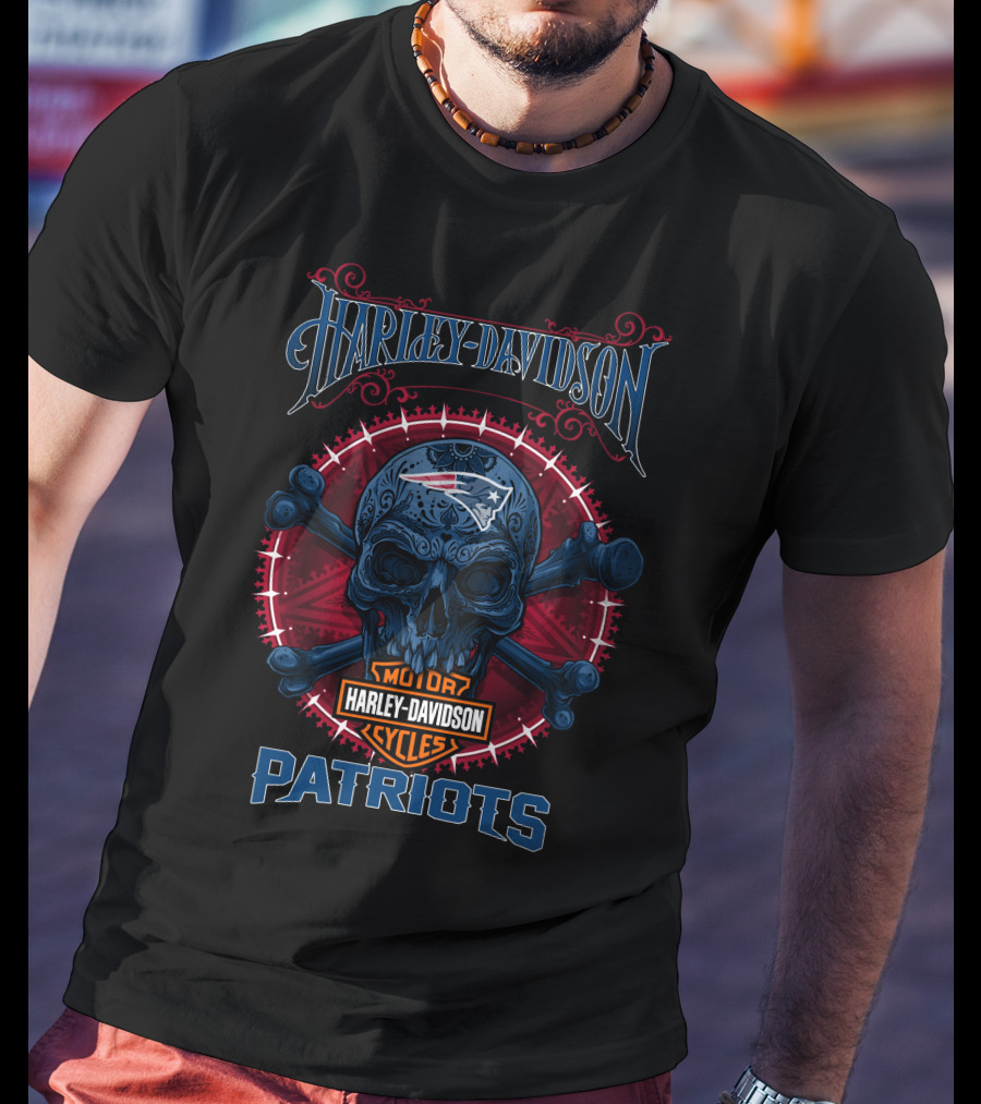 Harley Davidson Motor Cycles New England Patriots Skull T-Shirt