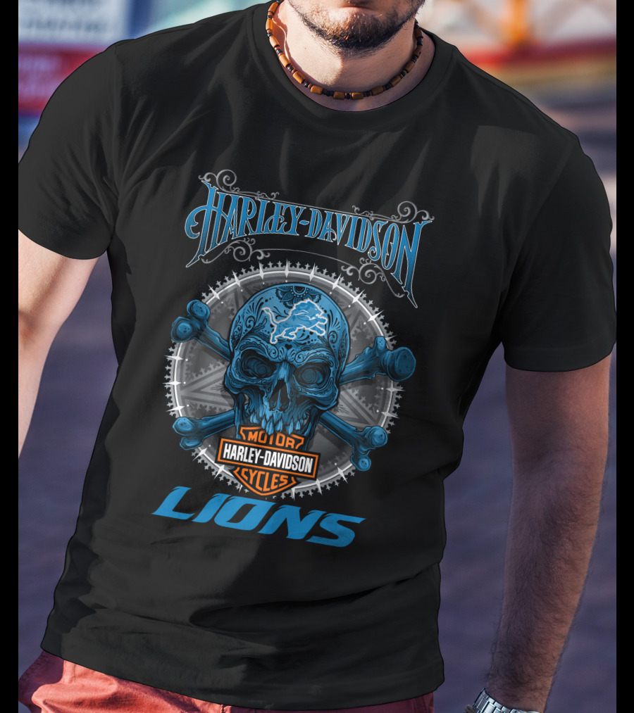 Harley Davidson Motor Cycles Skull Detroit Lions T-Shirt