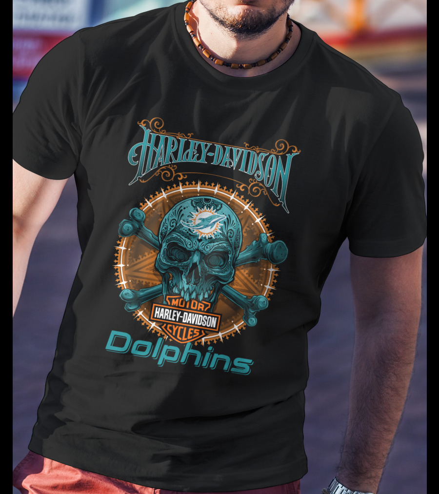 Harley Davidson Miami Dolphins Motor Cycles Skeleton Skull T-Shirt