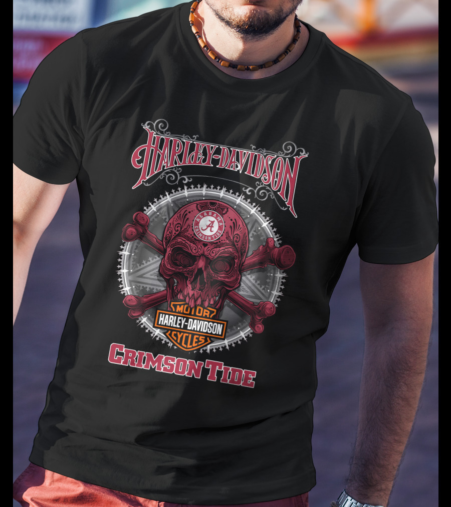 Harley Davidson Alabama Crimson Tide Skull Crossbones Ncaa T-Shirt