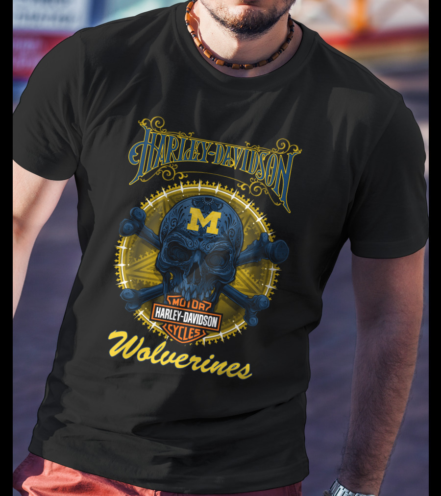 Harley Davidson Michigan Wolverines Skull Motor Cycles T-Shirt