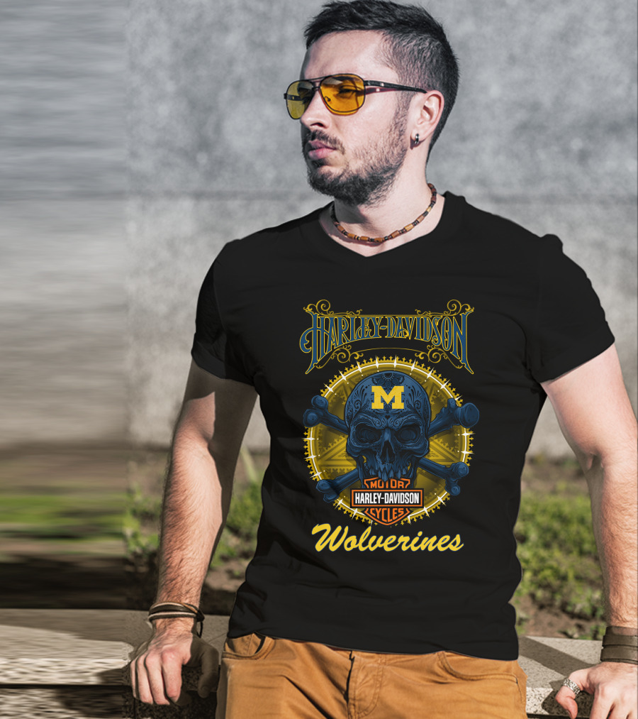 Harley Davidson Michigan Wolverines Skull Motor Cycles T-Shirt