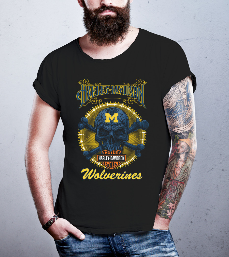 Harley Davidson Michigan Wolverines Skull Motor Cycles T-Shirt