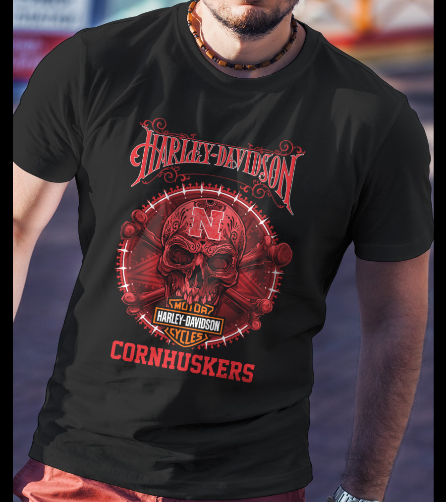 Harley Davidson Nebraska Cornhuskers Skull Motor Cycles T-Shirt