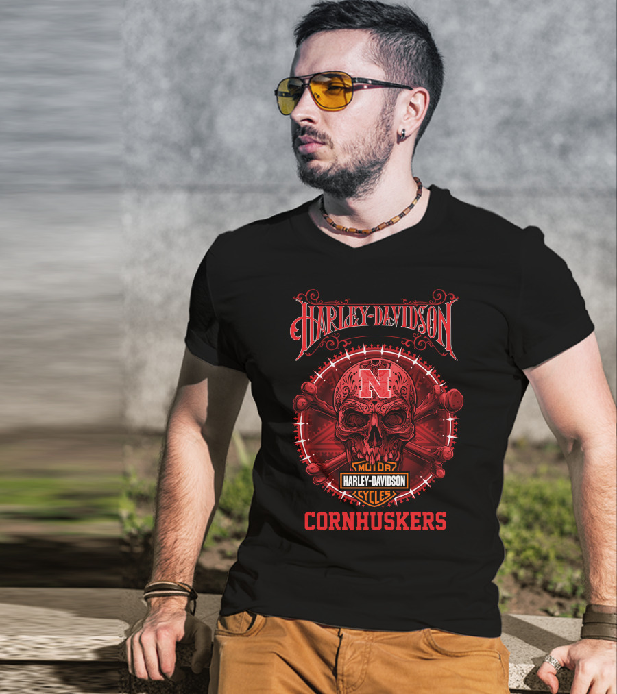 Harley Davidson Nebraska Cornhuskers Skull Motor Cycles T-Shirt