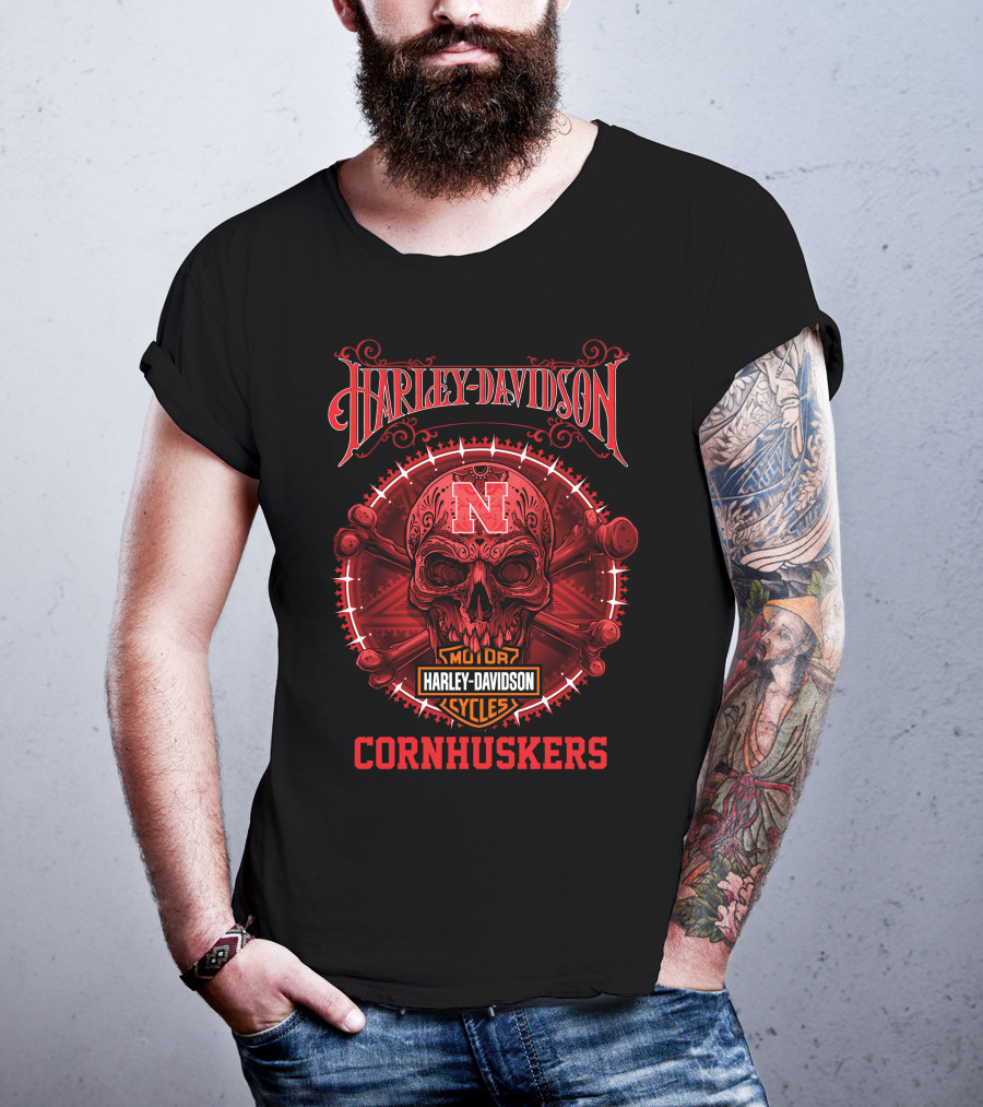 Harley Davidson Nebraska Cornhuskers Skull Motor Cycles T-Shirt