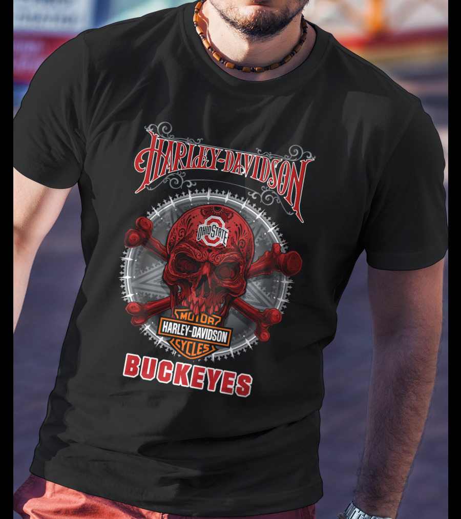 Harley Davidson Ohio State Buckeyes Skull Motor Cycles T-Shirt