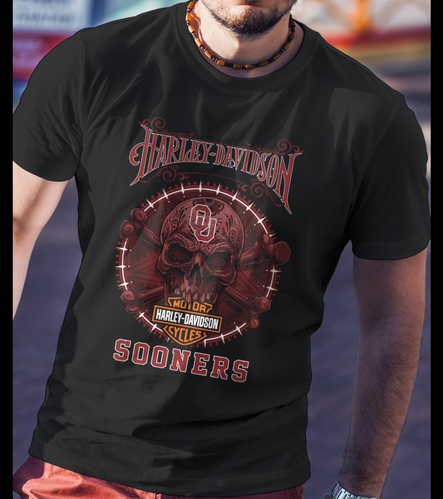 Harley Davidson Motor Cycles Ou Sooners Skull T-Shirt