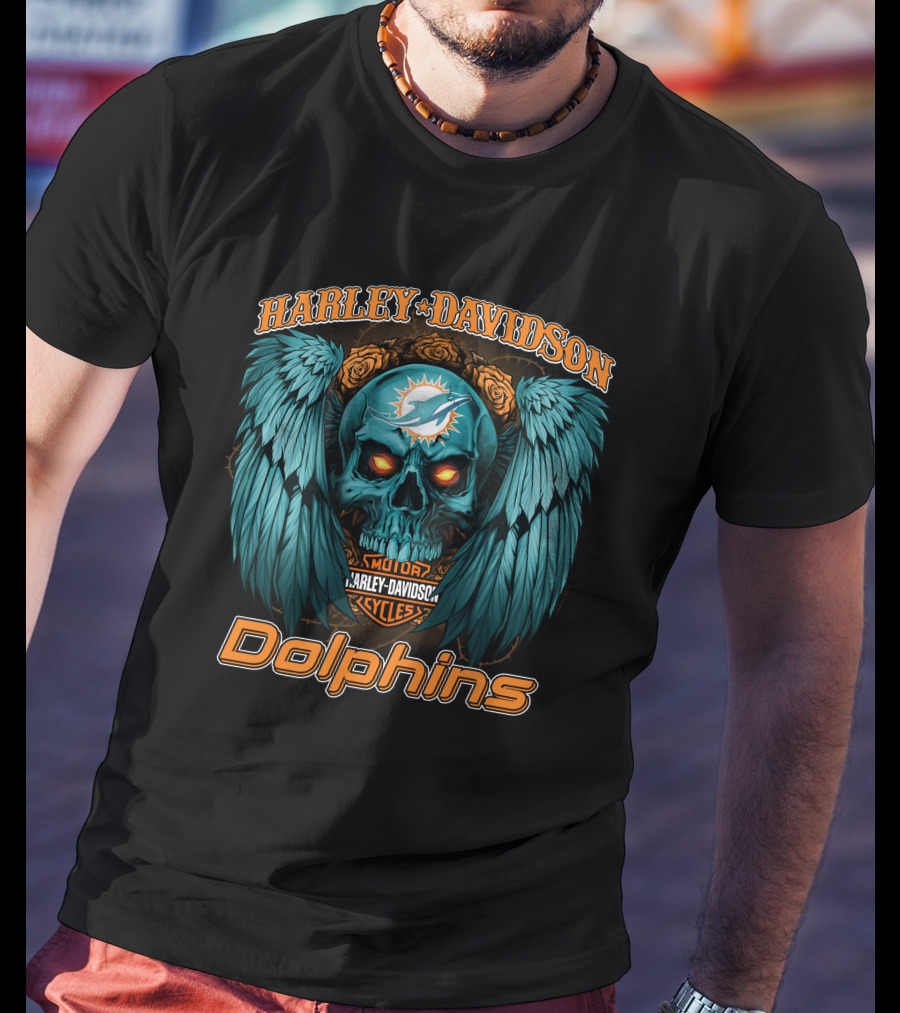 Harley Davidson Miami Dolphins Skull Wings T-Shirt