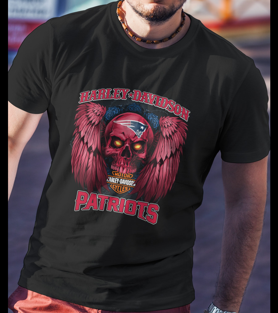 Harley Davidson Motor Cycles New England Patriots Skull Wings T-Shirt