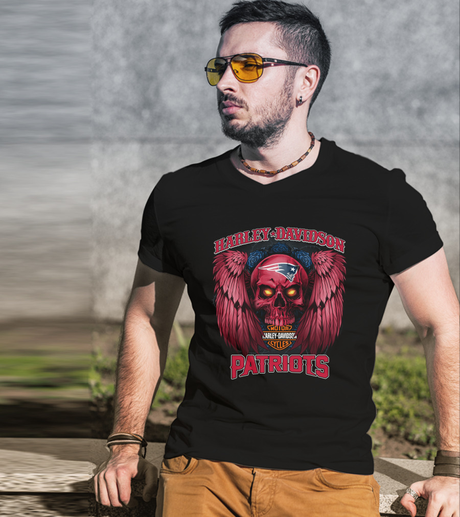 Harley Davidson Motor Cycles New England Patriots Skull Wings T-Shirt
