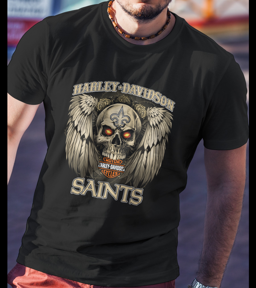 Harley Davidson Motor Cycles New Orleans Saints Skull Wings Fleur-De-Lis T-Shirt