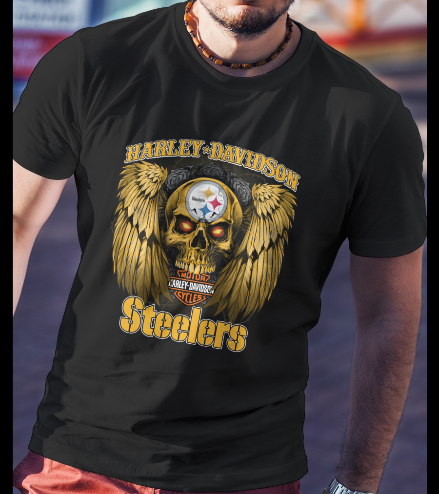 Harley Davidson Steelers Skull With Wings T-Shirt