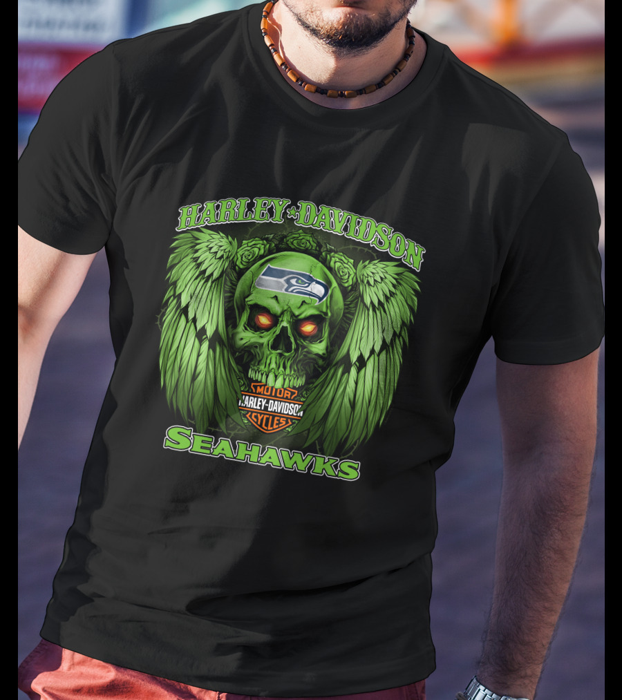 Harley Davidson Motor Cycles Seattle Seahawks Skull Wings T-Shirt