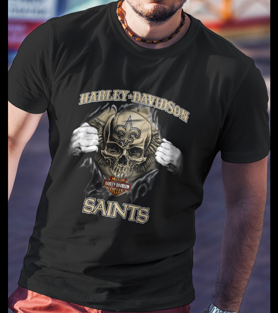 Harley Davidson Skull New Orleans Saints Nfl Major Cycles T-Shirt