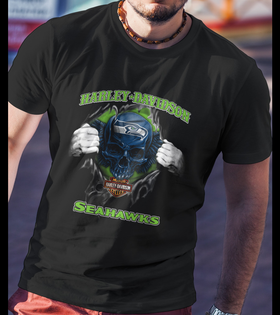 Harley Davidson Nfl Skull Seattle Seahawks Cycles T-Shirt