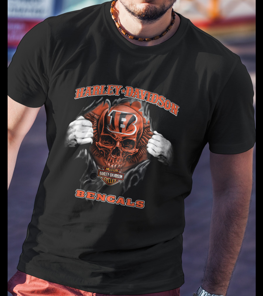 Harley Davidson Nfl Skull Cincinnati Bengals Motorcycles T-Shirt