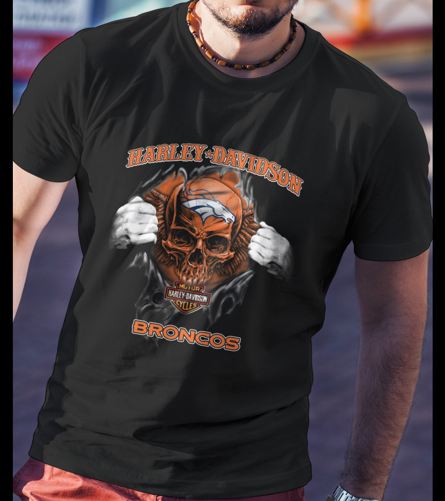 Harley Davidson Skull Denver Broncos Nfl Cycles T-Shirt