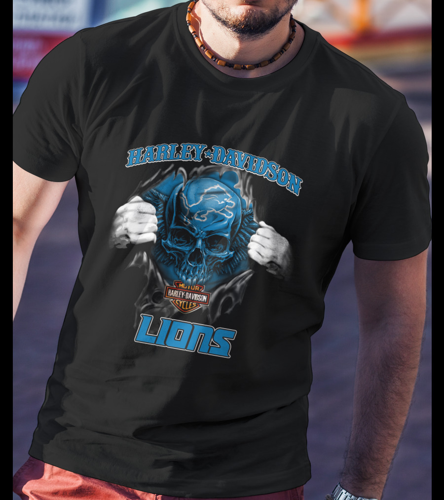 Harley Davidson Lions Nfl Skull Detroit Motor Cycles T-Shirt