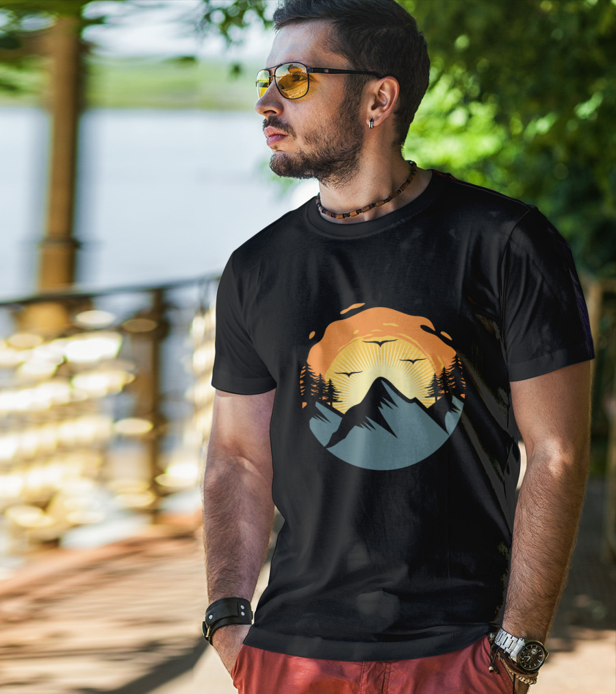 Sunrise Over Mountain Silhouette With Trees And Birds T-Shirt