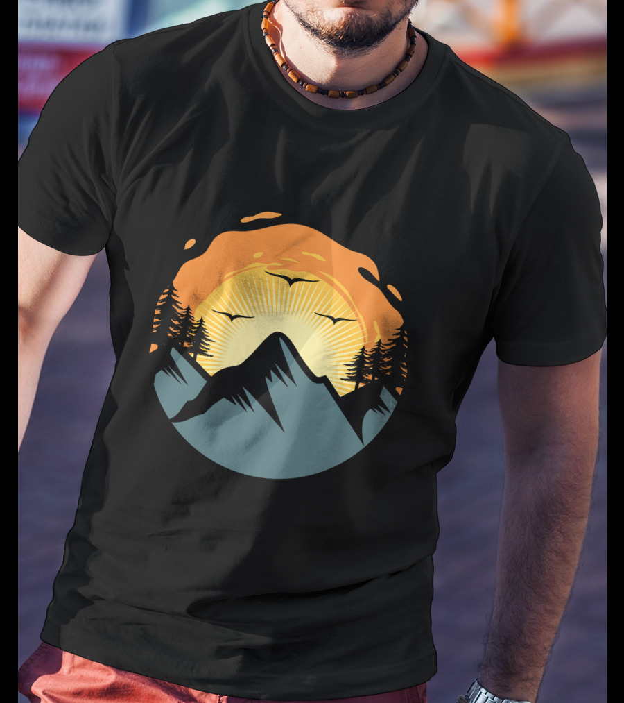 Sunrise Over Mountain Silhouette With Trees And Birds T-Shirt