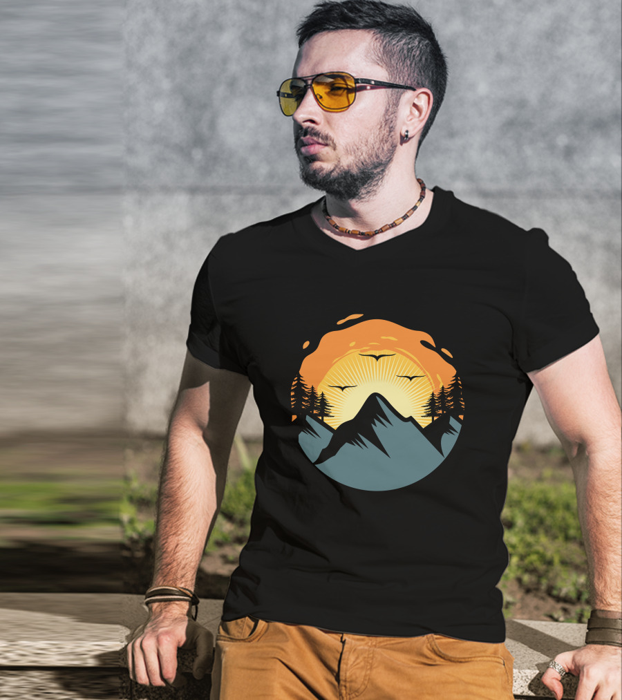 Sunrise Over Mountain Silhouette With Trees And Birds T-Shirt