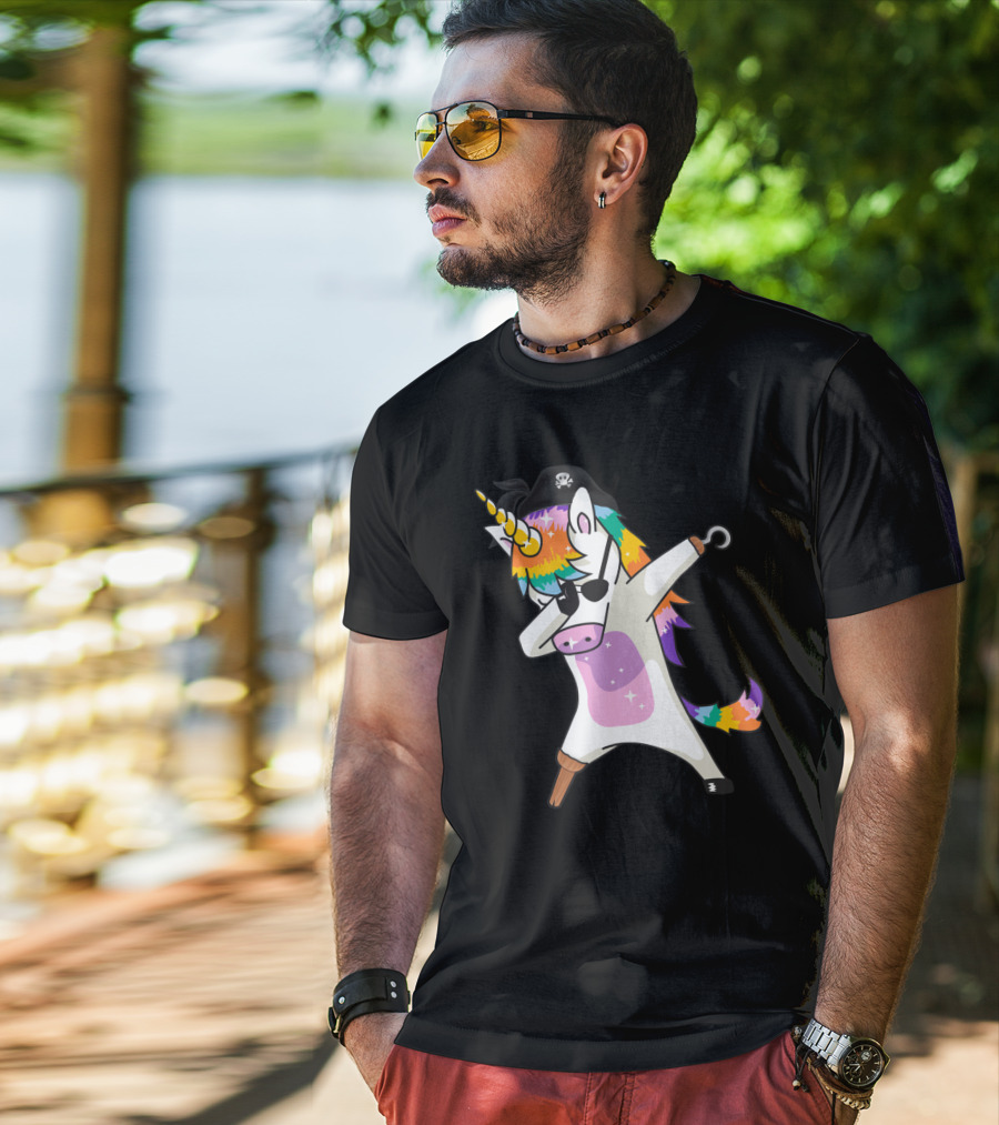 Dabbing Unicorn Pirate With Rainbow Mane Wearing Eyepatch And Pirate Hat T-Shirt
