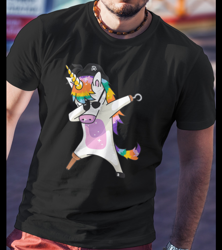 Dabbing Unicorn Pirate With Rainbow Mane Wearing Eyepatch And Pirate Hat T-Shirt