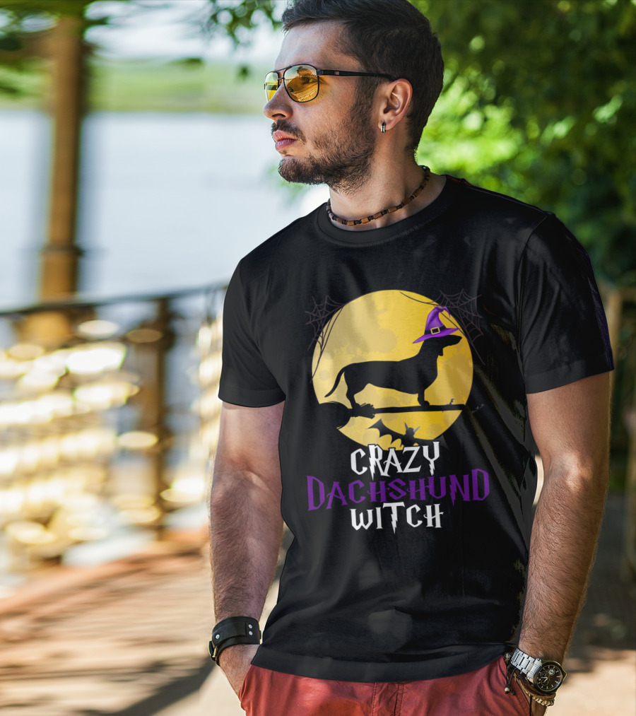 Crazy Dachshund Witch Dog Halloween Moon Silhouette With Broomstick And Purple Hat T-Shirt